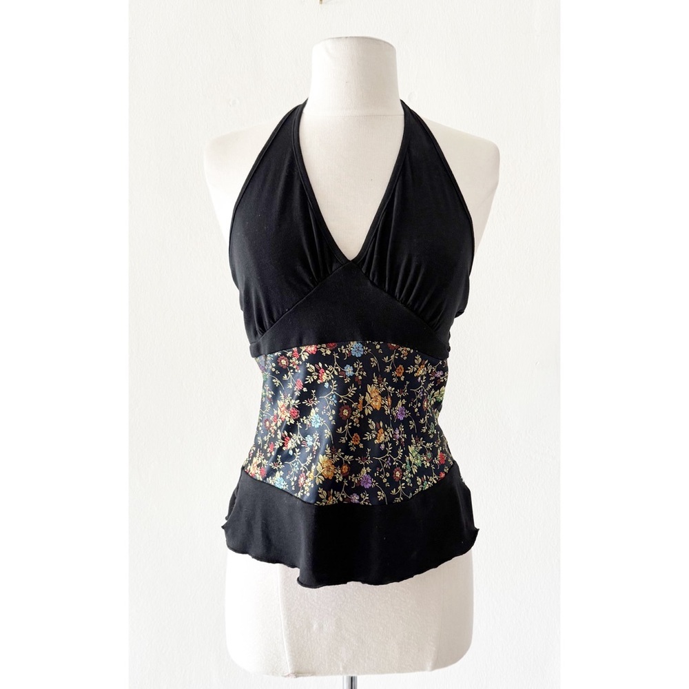 NEW Vintage Y2K T Tahari Black Halter Top with Floral Jacquard Size Small (S) - Picture 1 of 6